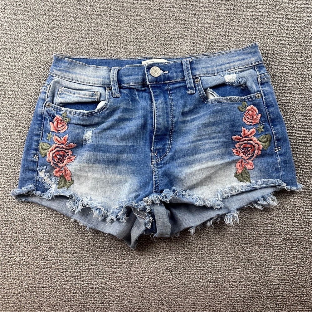Mudd Shorts Juniors 7 Blue High-Rise Shortie Embroidered Roses‎ Cut-Off Floral